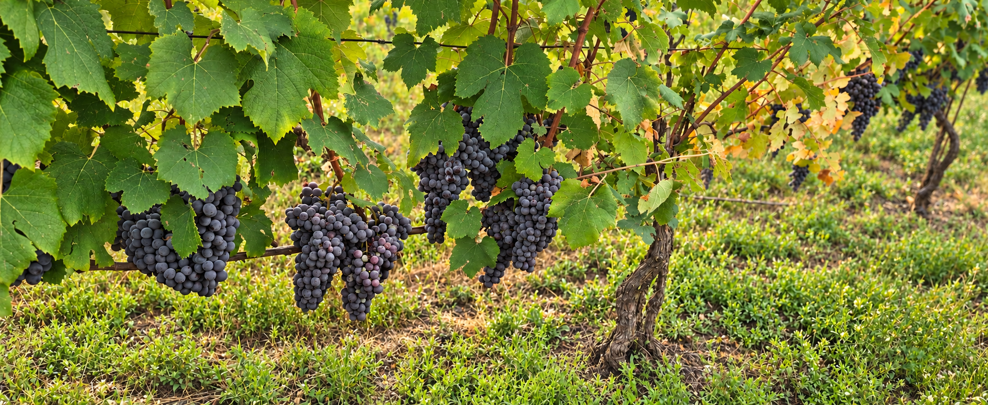 Grappoli di uva scura sui filari di Ponzio